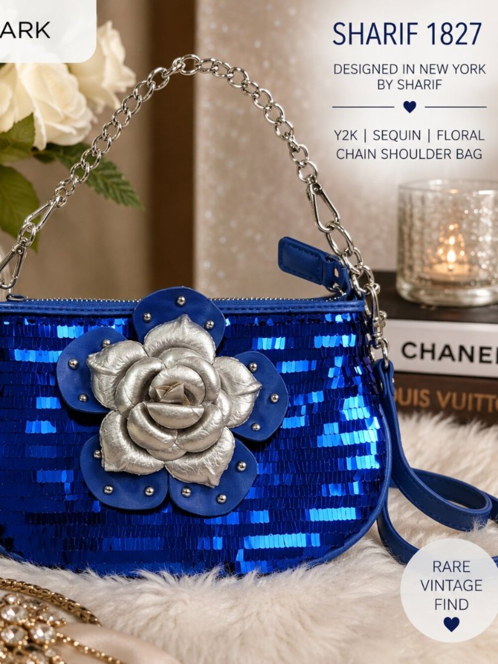 Vintage Sharif New York Electric Blue Sequin Floral Chain Shoulder Bag Y2K